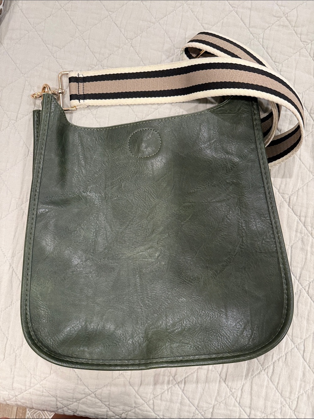 Forest Green Leather Shoulder Bag with Striped Adjustable Strap